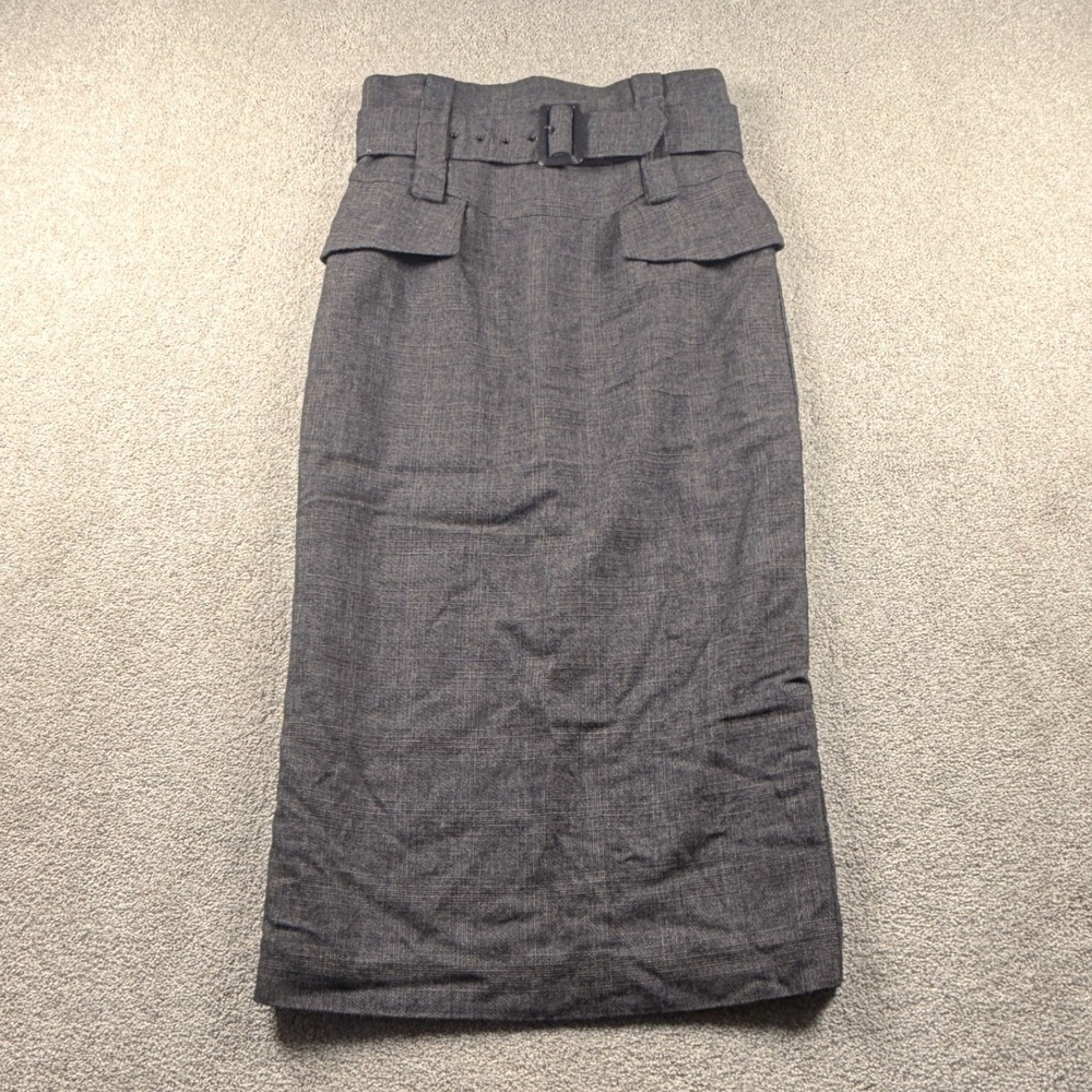 Cue Midi Pencil Skirt Women 8 Grey Excellent Wool Blend Belted High Waist